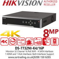 Hikvision 32 Channel NVR DS-7732NI-K4/16P 8MP 16 PoE Port CCTV NVR with 4 SATA Interface, HDMI Video output at up to 4K Resolution