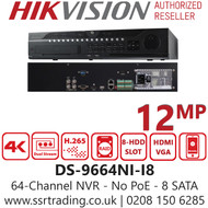 Hikvision 64 Channel NVR DS-9664NI-I8,12MP No PoE, 8 SATA Interface, 2 x HDMI & 2 x VGA  Interfaces, H.265, Supports Specialist Cameras Including Ppeople Counting,ANPR, Fisheye Cameras