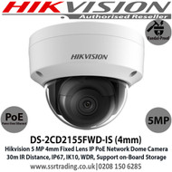 Hikvision DS-2CD2155FWD-IS 5MP 4mm Fixed Lens IP PoE Network Dome CCTV Camera, 30m IR Distance, IP67 Weatherproof, IK10 Vandalproof, WDR, 3DNR, Support SD/SDHC/SDXC Card Slot 