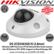 Hikvision 6MP 2.8mm Fixed Lens 10m IR PoE IP WDR Mini Dome Built-in-Audio CCTV Camera H.265+ Compression DS-2CD2563G0-IS (2.8mm)