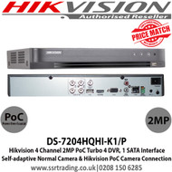 Hikvision 4 Channel 2MP TVI Turbo 4.0 PoC CCTV DVR, Self-adaptive Normal Camera & Hikvision PoC Camera Connection, 1 SATA Interface, H.265+/H.265/H.264+/H.264 Video Compression -  DS-7204HQHI-K1/P