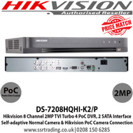 Hikvision 8 Channel 2MP TVI Turbo 4.0 PoC CCTV DVR, Self-adaptive Normal Camera & Hikvision PoC Camera Connection, 2 SATA Interface, H.265+/H.265/H.264+/H.264 Video Compression -  DS-7208HQHI-K2/P
