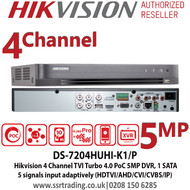 Hikvision 4 Channel 5MP TVI Turbo 4.0 PoC CCTV DVR, Self-adaptive Normal Camera & Hikvision PoC Camera Connection, 1 SATA Interface, H.265+/H.265/H.264+/H.264 Video Compression - DS-7204HUHI-K1/P