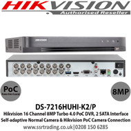 Hikvision 16 Channel 8MP TVI Turbo 4.0 PoC CCTV DVR, Self-adaptive Normal Camera & Hikvision PoC Camera Connection, 2 SATA Interface, H.265+/H.265/H.264+/H.264 Video Compression - DS-7216HUHI-K2/P