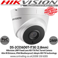 Hikvision 2MP 2.8mm Fixed Lens HD-TVI PoC Turret CCTV Camera, 40m IR Distance, IP66 Weatherproof, True Day/Night, Smart IR, EXIR 2.0 - DS-2CE56D0T-IT3E (2.8mm)