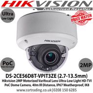 Hikvision 2MP 2.7-13.5mm Motorized Varifocal Lens Ultra-Low Light HD-TVI  PoC Dome CCTV Camera, 40m IR Distance, IP67 Weatherproof, IK8 Vandal Resistant, WDR, True Day/Night, Smart IR, EXIR - DS-2CE56D8T-VPIT3ZE