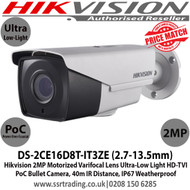 Hikvision 2MP 2.7-13.5mm Motorized Varifocal Lens Ultra-Low Light HD-TVI PoC Bullet CCTV Camera, 40m IR Distance, IP67 Weatherproof, WDR,True Day/Night, Smart IR, EXIR 2.0 - DS-2CE16D8T-IT3ZE (2.7-13.5mm)