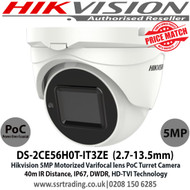Hikvision 5MP 2.7-13.5mm Motorized Varifocal Lens HD-TVI PoC Turret CCTV Camera, 40m IR Distance, IP67 Weatherproof, Digital WDR, Smart IR, EXIR 2.0, True Day/Night  -DS-2CE56H0T-IT3ZE (2.7-13.5mm)