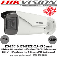 Hikvision 5MP 2.7-13.5mm Motorized Varifocal Lens HD-TVI PoC Bullet CCTV Camera, 40m IR Distance, IP67 Weatherproof, Digital WDR, Smart IR, EXIR, True Day/Night - DS-2CE16H0T-IT3ZE (2.7-13.5mm)