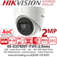 Hikvision 2MP 2.8mm Fixed Lens 4-in-1 AoC Audio Turret CCTV Camera, Switchable TVI/AHD/CVI/CVBS, 40m IR Distance, IP67 Weatherproof, Audio Over Coaxial Cable, Built-in Mic - DS-2CE78D0T-IT3FS (2.8mm)
