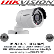 Hikvision 2MP 3.6mm Fixed Lens 4-in-1 Bullet CCTV Camera, Switchable TVI/AHD/CVI/CVBS, 20m IR Distance, IP66 Weatherproof, Smart IR, EXIR, True Day/Night - DS-2CE16D0T-IRF (3.6mm)