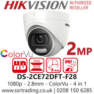 Hikvision 2MP 2.8mm Fixed Lens ColorVu Turret CCTV Camera, 4-in-1 TVI/CVI/AHD/Analogue, 20m White Light Distance, IP67 Weatherproof, WDR, 24/7 Full Color Imaging - DS-2CE72DFT-F28 (2.8MM)