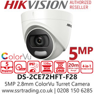 Hikvision 5MP 2.8mm Fixed Lens ColorVu Turret CCTV  Camera, 4-in-1 TVI/CVI/AHD/Analogue, 20m White Light Distance, IP67 Weatherproof, WDR, 24/7 Full Color Imaging - DS-2CE72HFT-F28 