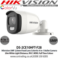 Hikvision 5MP 2.8mm Fixed Lens ColorVu Bullet CCTV Camera, 4-in-1 TVI/CVI/AHD/Analogue, 20m White Light Distance, IP67 Weatherproof, WDR, 24/7 Full Color Imaging - DS-2CE10HFT-F28