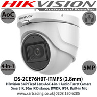 Hikvision 5MP 2.8mm Fixed Lens AoC 4-in-1 Audio Turret CCTV Camera, Switchable TVI/AHD/CVI/CVBS, 30m IR Distance, IP67 Weatherproof, Smart IR, True Day/Night, Audio Over Coaxial Cable, Built-in Mic  - DS-2CE76H0T-ITMFS (2.8mm)