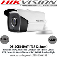 Hikvision 5MP 2.8mm Fixed Lens 4-in-1 Bullet CCTV Camera, Switchable TVI/AHD/CVI/CVBS, 40m IR Distance, IP67 Weatherproof, DWDR, EXIR, Smart IR - DS-2CE16H0T-IT3F (2.8mm)