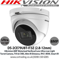 Hikvision 8MP 4K  2.8-12mm Motorized Varifocal Lens Ultra-Low Light Turret CCTV Camera, Dual Video Output TVI/CVBS, 80m IR Distance, IP67 Weatherproof, WDR, EXIR, Smart IR - DS-2CE79U8T-IT3Z(2.8-12mm)