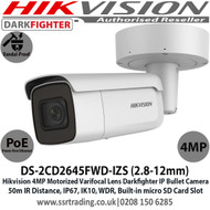 Hikvision 4MP 2.8-12mm Motorized Varifocal Lens Darkfighter PoE IP Network Bullet CCTV Camera, 50m IR Distance, IP67 Weatherproof, WDR, H.265+ Compression, Built-in micro SD/SDHC/SDXC Card Slot, IK10 - DS-2CD2645FWD-IZS (2.8-12mm)