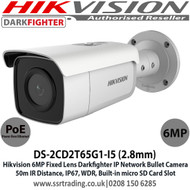 Hikvision 6MP 2.8mm Fixed Lens Darkfighter PoE IP Network Bullet CCTV Camera, 50m IR Distance, IP67 Weatherproof, WDR, H.265+ Compression, Built-in micro SD/SDHC/SDXC Card Slot - DS-2CD2T65G1-I5 (2.8mm)