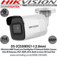 Hikvision 8MP 2.8mm Fixed Lens Darkfighter PoE IP Network Bullet CCTV Camera, 30m IR Distance, IP67 Weatherproof, WDR, H.265+ Compression, Built-in micro SD/SDHC/SDXC Card Slot, IK10 - DS-2CD2085G1-I (2.8mm)