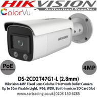 Hikvision 4MP 2.8mm Fixed Lens ColorVu IP PoE Network Bullet CCTV Camera, 30m White Light Distance, IP66 Weatherproof, 120dB WDR, H.265+ Compression, Built-in micro SD/SDHC/SDXC Card Slot, 24/7 Full Color Imaging-DS-2CD2T47G1-L (2.8mm)