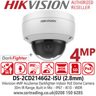 Hikvision 4MP 2.8mm Lens AcuSense Darkfighter Indoor IP PoE Network Dome CCTV Camera, 30m IR Distance, IP66, WDR, H.265+, Built-in micro SD/SDHC Card Slot, Face Capture, Smart Motion Detection, Built-in Microphone - DS-2CD2146G2-ISU (2.8mm)