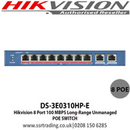 Hikvision 8-Ports 100Mbps Long-range Unmanaged PoE+ switch, Up to 250m Transmission Achievable at Reduced Mbps Rate - (DS-3E0310HP-E)