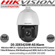 Hikvision 4MP 25× optical zoom, 16× digital zoom, 150 m IR distance, Support H.265+/H.265 video compression, WDR, HLC, BLC, 3D DNR, Defog, EIS, Regional Exposure, Regional Focus (DS-2DE5425IW-AE/ALARM)