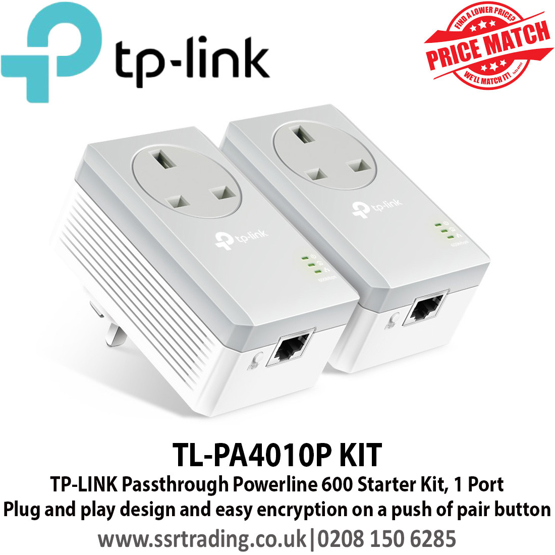 TP-LINK TL-PA4010P KIT Passthrough Powerline 600 Starter Kit, 1 Port, Plug  and play design and easy encryption on a push of pair button