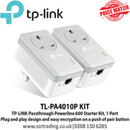 TP-LINK TL-PA4010P KIT Passthrough Powerline 600 Starter Kit, 1 Port, Plug and play design and easy encryption on a push of pair button