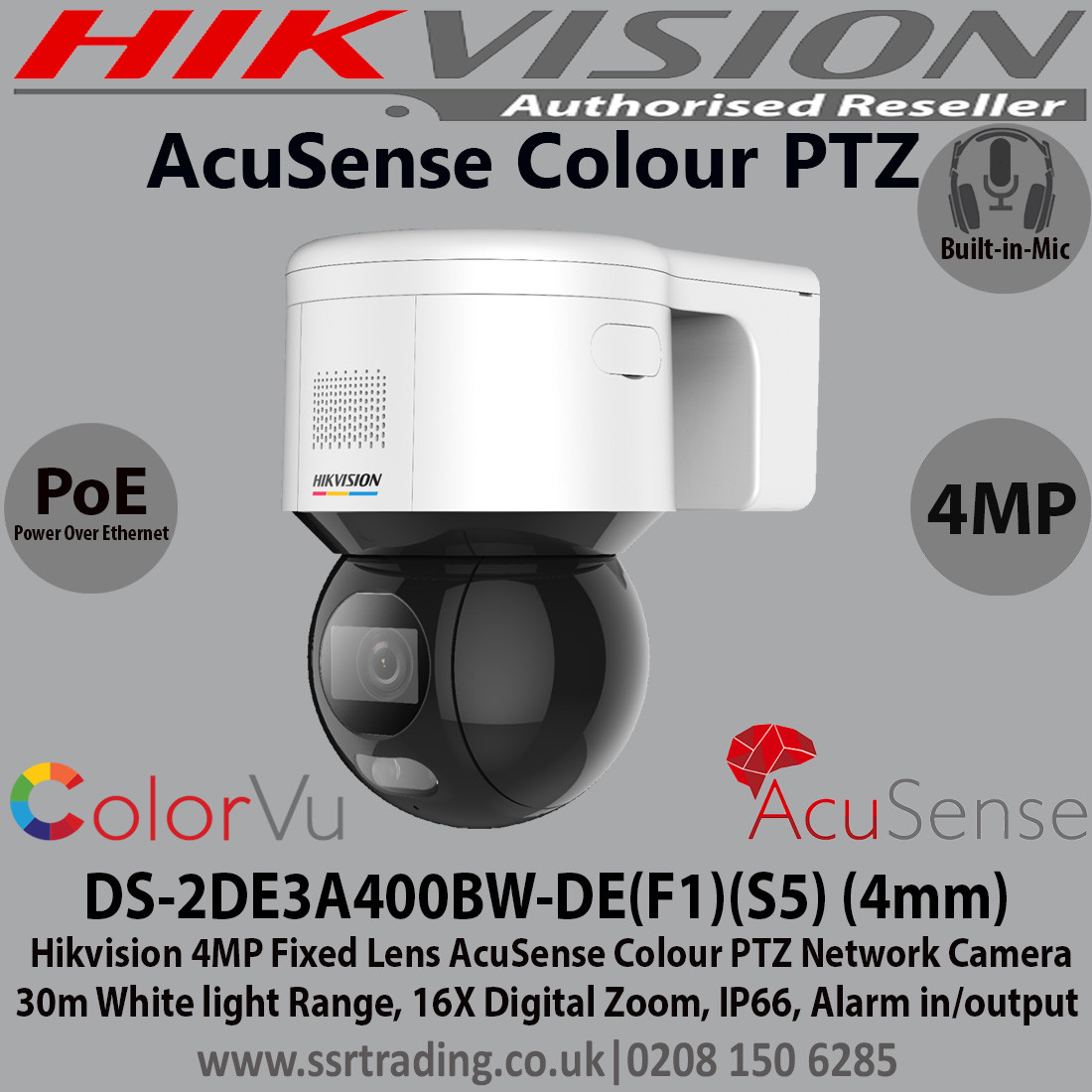 Hikvision 4mp 4mm Fixed Lens Acusense Colour Ptz Ip Poe Network Cctv Camera 30m White Light Range Ip66 Wdr H 265 Supports On Board Storage Face Capture Built In Microphone And Speaker Alarm