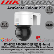  Hikvision 4MP 4mm Fixed Lens AcuSense Colour PTZ IP PoE Network CCTV Camera, 30m White light range, IP66, WDR, H.265+, Supports on board storage, Face capture, Built in microphone and speaker, Alarm input/output - DS-2DE3A400BW-DE(F1)(S5)
