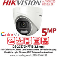Hikvision 5MP 2.8mm Fixed Lens ColorVu PoC Turret CCTV Camera, 20m White Light Distance, IP67 Weatherproof, 130dB WDR, 24/7 Full Color Imaging - DS-2CE72HFT-E (2.8mm)
