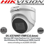 Hikvision 5MP 3.6mm Fixed Lens 4-in-1 Turret CCTV Camera, Switchable TVI/AHD/CVI/CVBS, 30m IR Distance, IP67 Weatherproof, Smart IR, Digital WDR - DS-2CE76H0T-ITMF(C') (3.6mm)