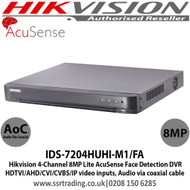 Hikvision 4 Channel 8MP Lite AcuSense Turbo 5.0 Face Detection DVR, HDTVI/AHD/CVI/CVBS/IP Video Inputs, 1 SATA Interface, 10TB HDD Capacity, H.265 Pro+/H.265 Pro/H.265 Video Compression, Audio Via Coaxial Cable - IDS-7204HUHI-M1/FA