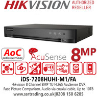 Hikvision 8 Channel 8MP Lite AcuSense Turbo 5.0 Face Detection DVR, HDTVI/AHD/CVI/CVBS/IP Video Inputs, 1 SATA Interface, 10TB HDD Capacity, H.265 Pro+/H.265 Pro/H.265 Video Compression, Audio Via Coaxial Cable - IDS-7208HUHI-M1/FA