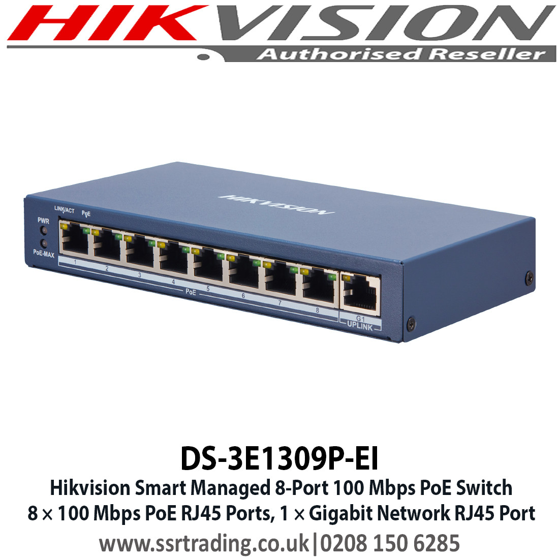 Hikvision Smart Managed 8-Port 100 Mbps PoE Switch, 8 × 100 Mbps