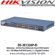 Hikvision 24 Port Fast Ethernet Smart POE Switch, 24 × 100 Mbps PoE RJ45 ports, 2 × Gigabit Combos -DS-3E1326P-EI