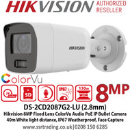 Hikvision 8MP 2.8mm Fixed Lens ColorVu Audio Network Bullet CCTV Camera, 40m White Light Distance, IP67 Weatherproof, Built in MIC, Supports on board storage, Smart motion detection, 24/7 Full Color Imaging - DS-2CD2087G2-LU(2.8mm) 