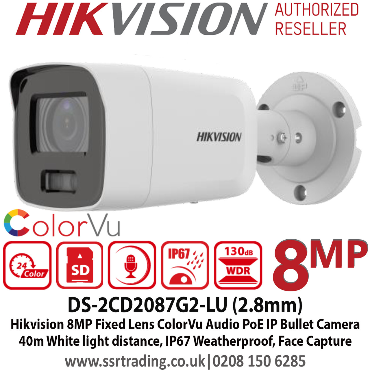 Hikvision DS-2CD2087G2-LU 8MP 2.8mm Fixed Lens ColorVu Audio Network Bullet  CCTV Camera, 40m White Light Distance, IP67 Weatherproof, Built in MIC,  Supports on board storage, Smart motion detection, 24/7 Full Color Imaging