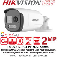 Hikvision 2MP 2.8mm Fixed Lens AoC ColorVu PIR Siren Audio TVI Bullet CCTV Camera, 40m IR  White Light Distance, IP67 Weatherproof, Strobe light & audio alarm, Built in MIC & Speaker - DS-2CE12DF3T-PIRXOS (2.8mm)