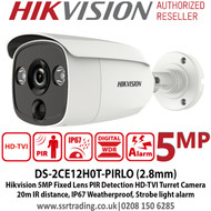 Hikvision 5MP 2.8mm Fixed Lens PIR  HD-TVI Bullet Camera, 20m IR Distance, IP67 Weatherproof, PIR detection, Strobe light alarm, Alarm out - DS-2CE12H0T-PIRLO (2.8mm)