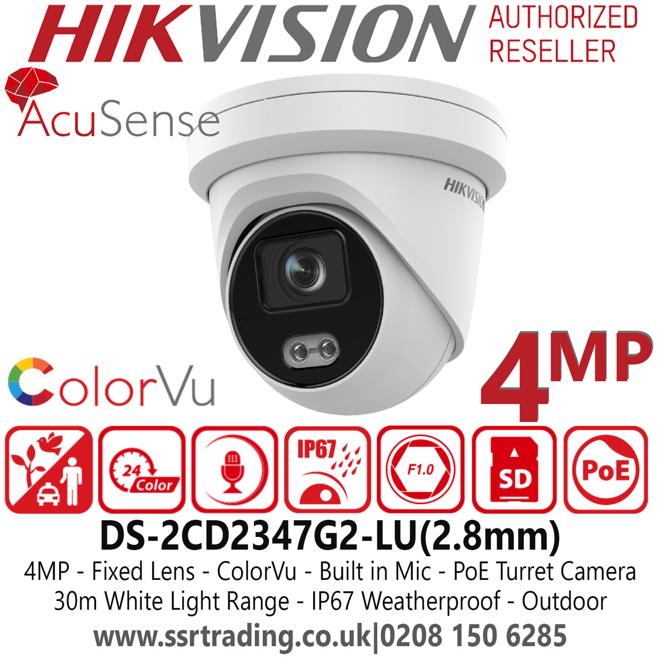 Hikvision 4MP 2.8mm Fixed Lens ColorVu Audio PoE Network Turret Camera, 30m  White Light Range, IP67 Weatherproof, 130dB WDR, Built-In Microphone,  Motion Detection - DS-2CD2347G2-LU(2.8mm)