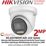 Hikvision 2MP 2.8-12mm Motorized Varifocal Lens ColorVu PoC Auto Focus TVI Turret CCTV Camera, 40m White Light Distance, IP68 Weatherproof, 130dB WDR, Smart Light, 24/7 Full Color Imaging - DS-2CE79DF8T-AZE (2.8-12mm)