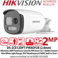 Hikvision 2MP 2.8mm Fixed Lens ColorVu PIR Siren 4-in-1 Bullet Camera, Switchable TVI/AHD/CVI/CVBS, 40m White Light Distance, IP67 Weatherproof, Strobe light & audio alarm, Built-in Siren - DS-2CE12DFT-PIRXOF28 (2.8mm)