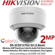 Hikvision 2MP 2.8mm Fixed Lens ColorVu Audio  PoE Network Dome CCTV Camera, Working Distance 2.5m to ∞, IP67, IK10, WDR, Built-in microphone, 24/7 colorful imaging, Motion Detection (human and vehicle), Face Capture - DS-2CD2127G2-SU (2.8mm)