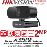 Hikvision 2MP 3.6mm Fixed Lens Web Camera, 24/7 Color Imaging, Built-in microphone, AGC for self-adaptive brightness - DS-U02