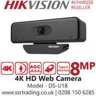 Hikvision 8MP/4K 3.6mm Fixed Lens Web Camera, Type-C interface, Color Imaging, Built-in microphone, AGC for self-adaptive brightness - DS-U18