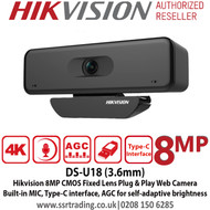 Hikvision DS-U18 8MP/4K 3.6mm Fixed Lens Web Camera, Type-C interface, Color Imaging, Built-in microphone, AGC for self-adaptive brightness 