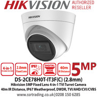Hikvsion - 5MP 2.8mm Fixed Lens 4-in-1 Turret Camera, Switchable TVI/AHD/CVI/CVBS, 40m IR Distance, IP67 Weatherproof, DWDR - DS-2CE78H0T-IT3F(2.8mm)(C) 
